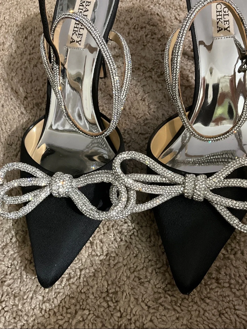 Badgley Mischka Black Satin Pointed-Toe Slingback Heels with Crystal Bow